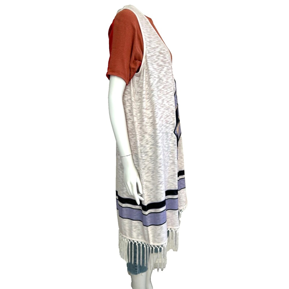 NEW Vicki Wayne Boho SW Vest Open Front Fringe Duster Diamond Sleeveless White M - Picture 7 of 10